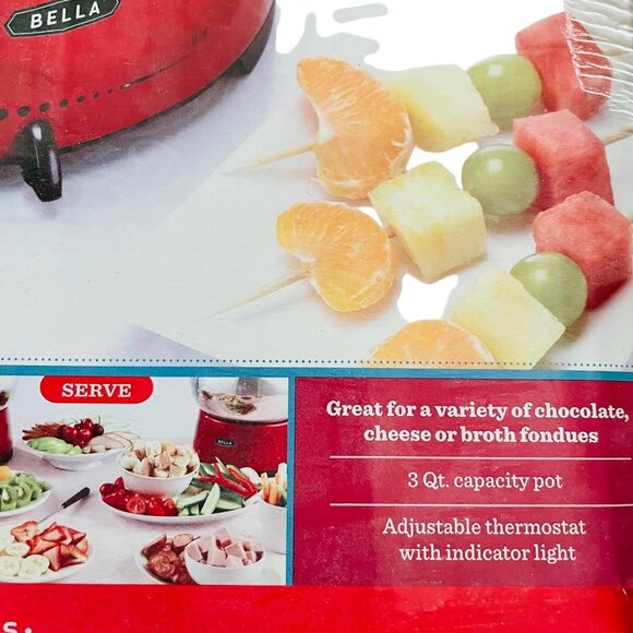 Bella 3 Qt Electric Fondue Pot Set Adjustable Thermostat Stainless Steel Red & B - Picture 6 of 13